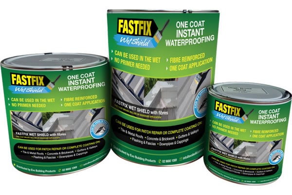FASTFIX Wet Shield one-coat instant waterproofing products in multiple container sizes